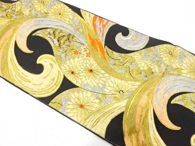 JAPANESE KIMONO / ANTIQUE FUKURO OBI / WOVEN KIKU & AUTUMN FLOWERS